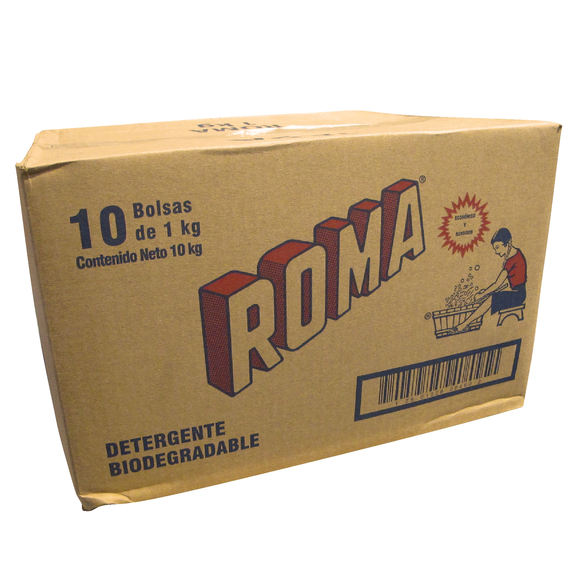 Caja con 10 bolsas de detergente en polvo ROMA con 1 kg.