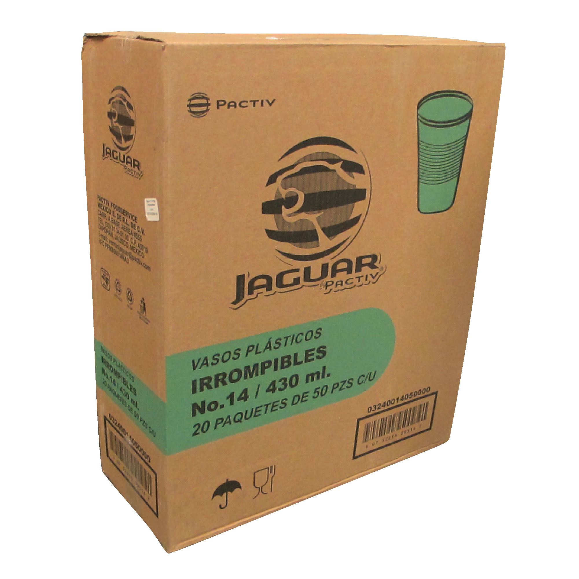 Jaguar vaso plástico irrompible con capacidad para 14 oz, caja con 1000 piezas en 20 paquetes