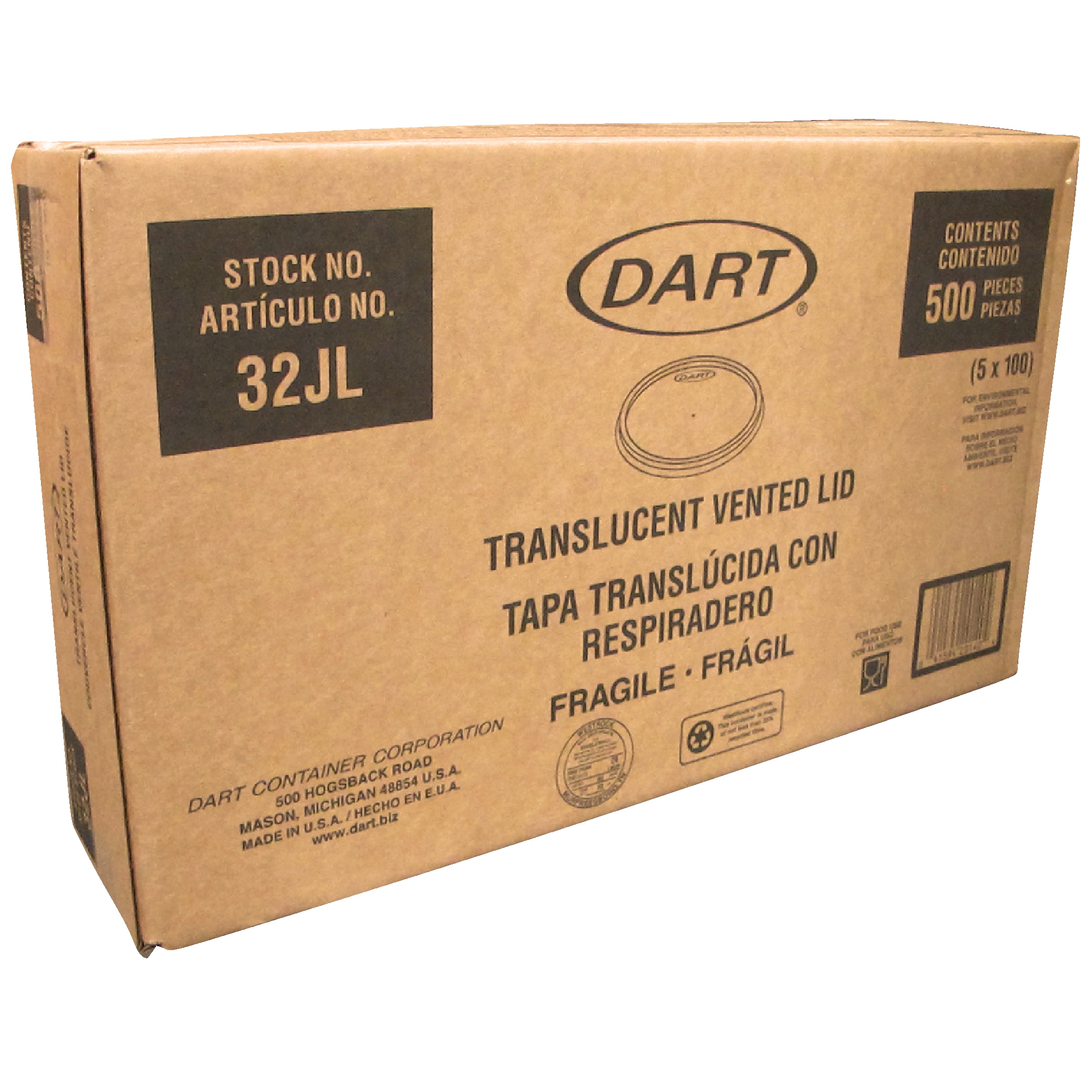 Dart 32JL tapa transparente con respiradero, caja con 500 piezas en 5 paquetes